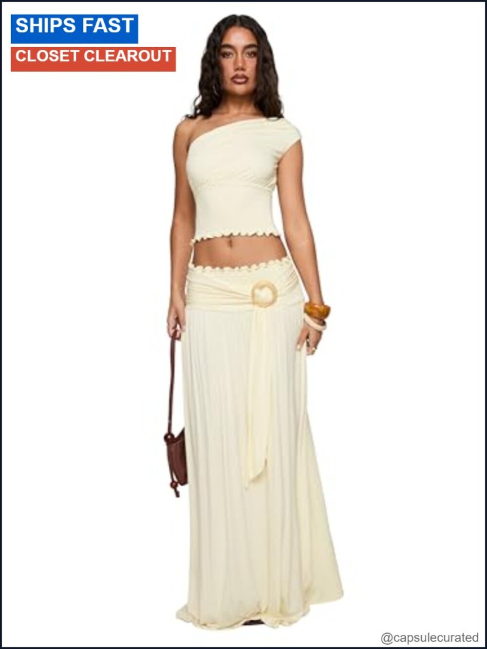 Shirred Buckle Maxi Skirt Frill Trim Wrap Strap Elastic Waist Pleated Hem Rayon
